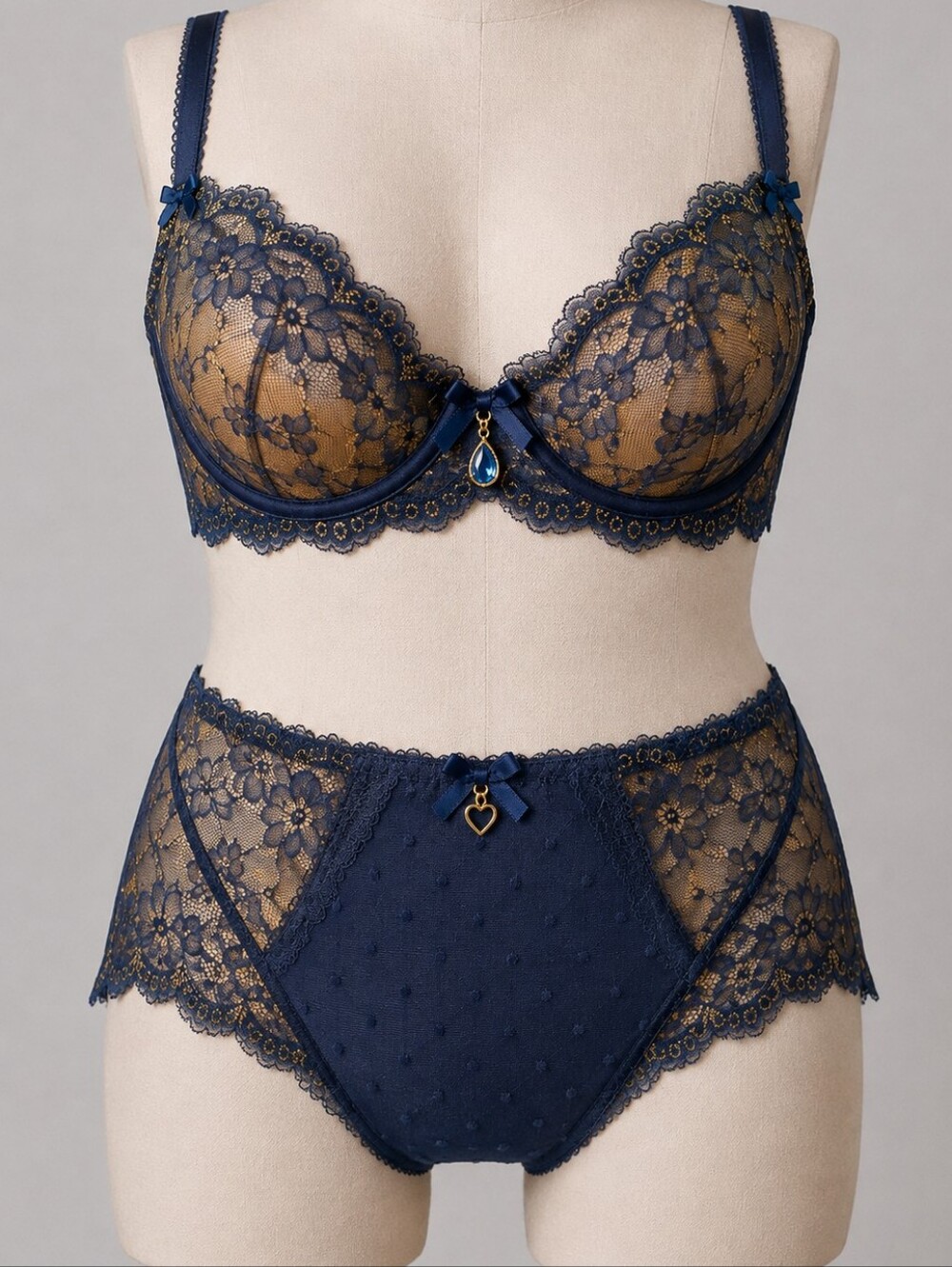 Dita Von Teese Navy/Royal Blue/Gold Lace Lingerie Set Bra 38DDD (39E) Panty XXL